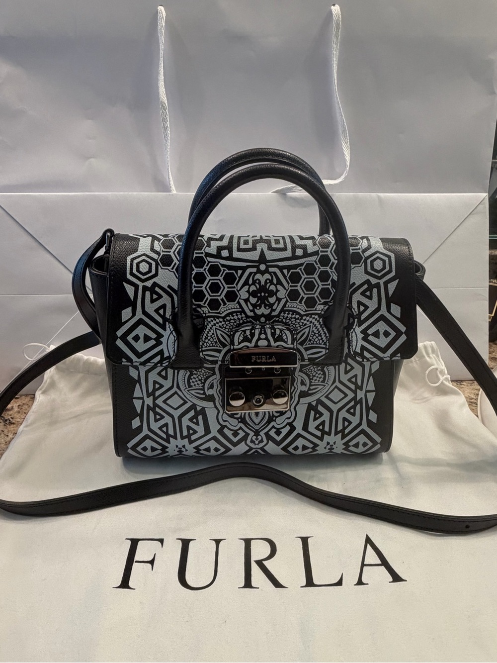 Furla Black and White Geometric Top-Handle Satchel